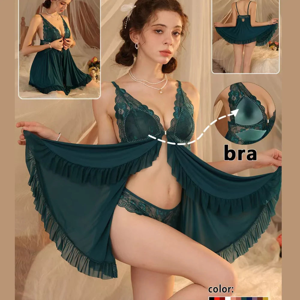 SD-Elegant Lace Trim Open-Front Babydoll Lingerie Set