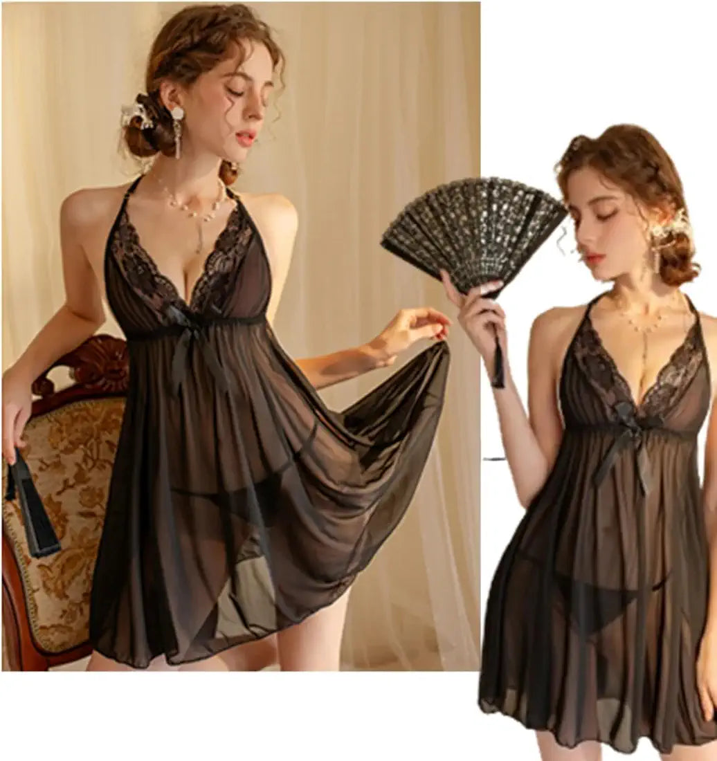 SD-Elegant Lace Sheer Mesh Halter Babydoll Chemise with Satin Bow Detail
