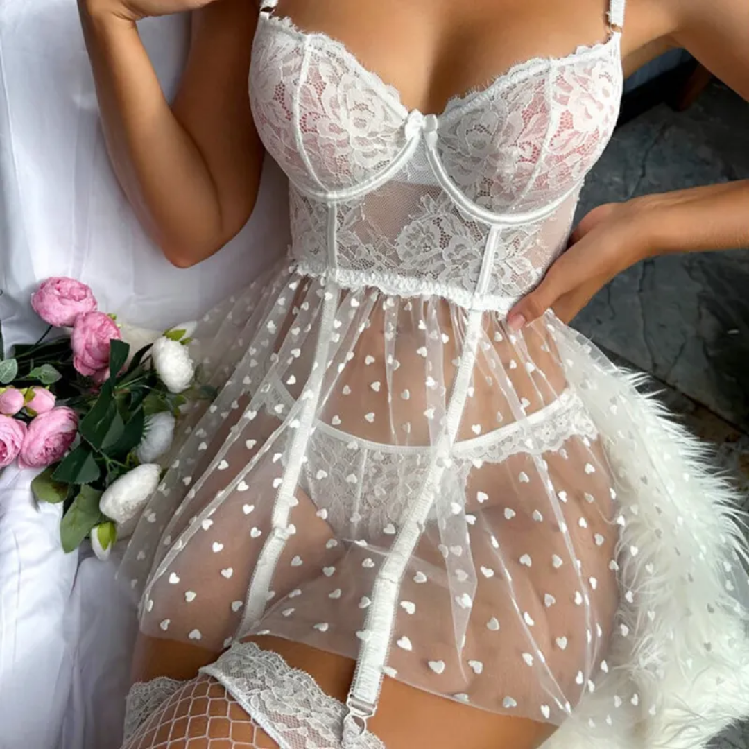 Heart Mesh Lingerie Babydoll Set