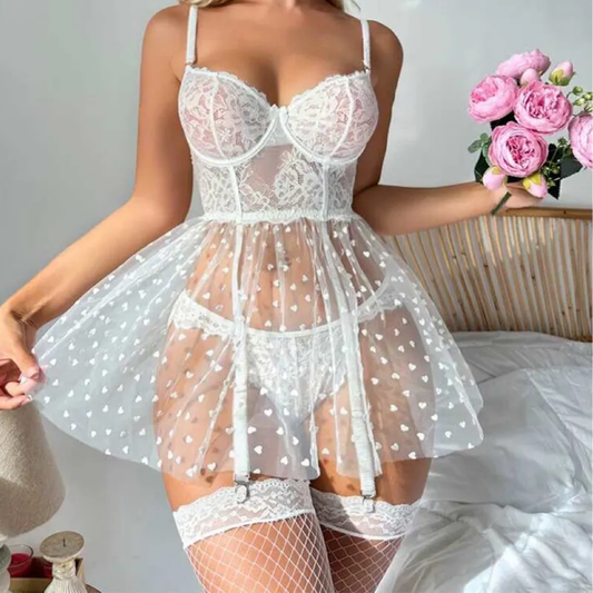 Heart Mesh Lingerie Babydoll Set