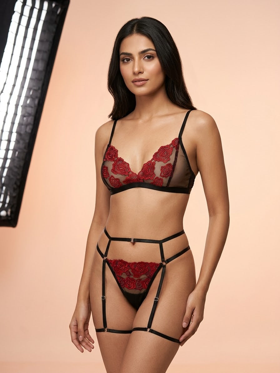 Luxurious Red Rose Embroidery Lingerie Set