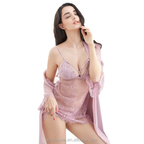 SD - Medona Spell Ladies Sexy Lace & Mesh Perspective Robe And Strap Dress Set - 3 Piece