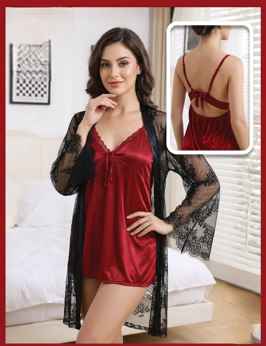 SD - 3-Piece Silk Short Chemise & Eyelash Lace Ensemble Gown