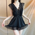 Midnight Lace & Ruffle Satin Romper Sleepwear