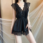 Midnight Lace & Ruffle Satin Romper Sleepwear