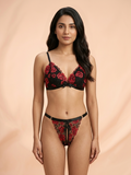 Enchanting Black & Red Floral Embroidered Lingerie Set