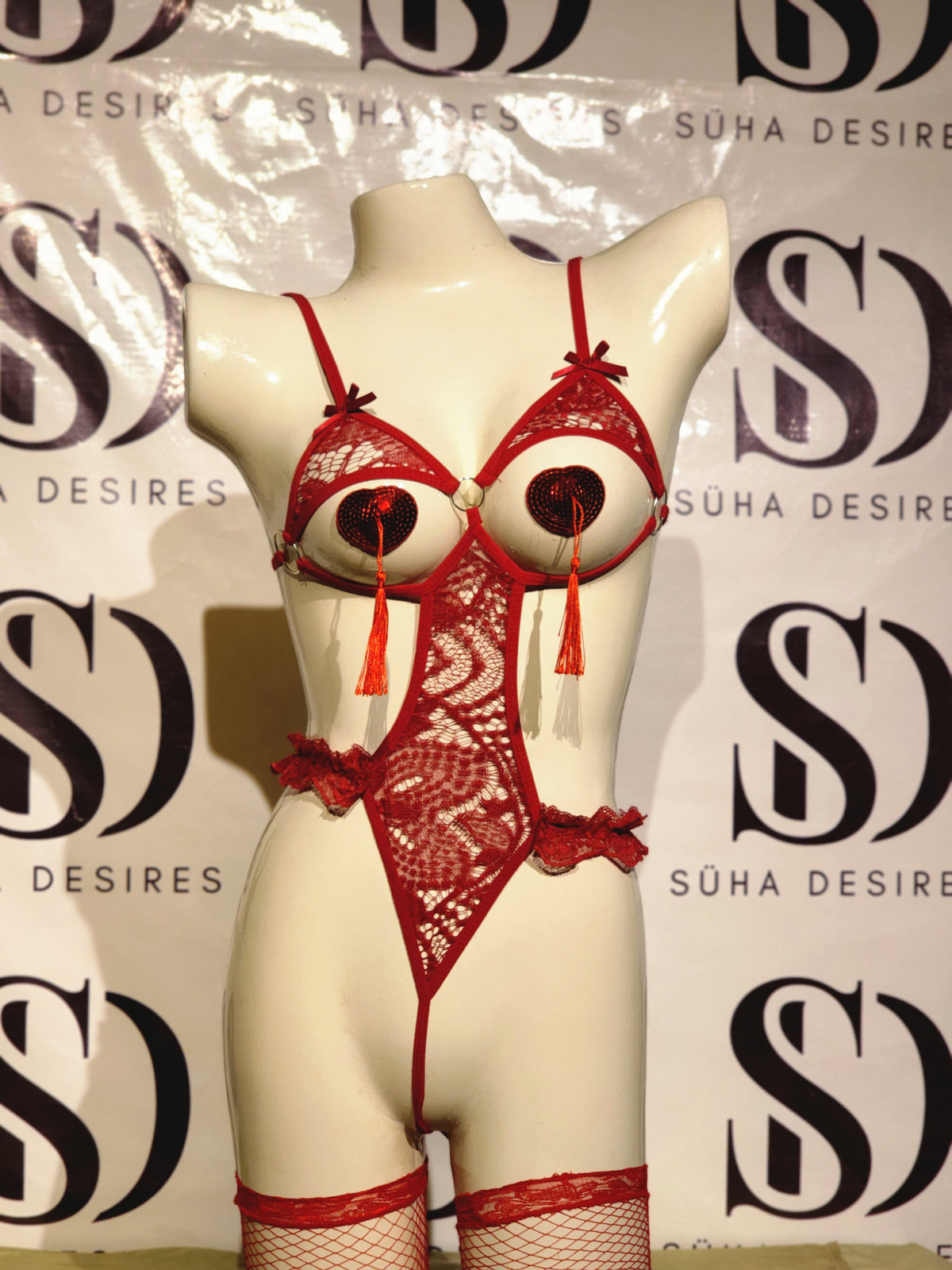 Lace Hollow Out Lingerie Romper Set with Tasseled Pasties and Fishnet Stockings