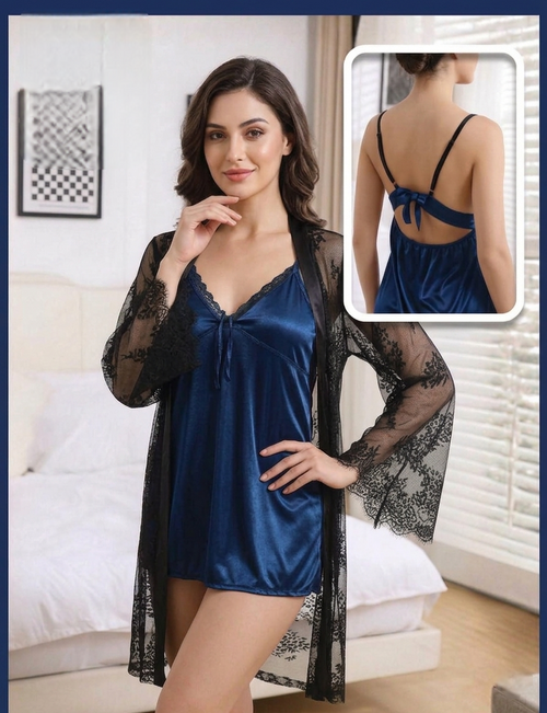SD - 3-Piece Silk Short Chemise & Eyelash Lace Ensemble Gown