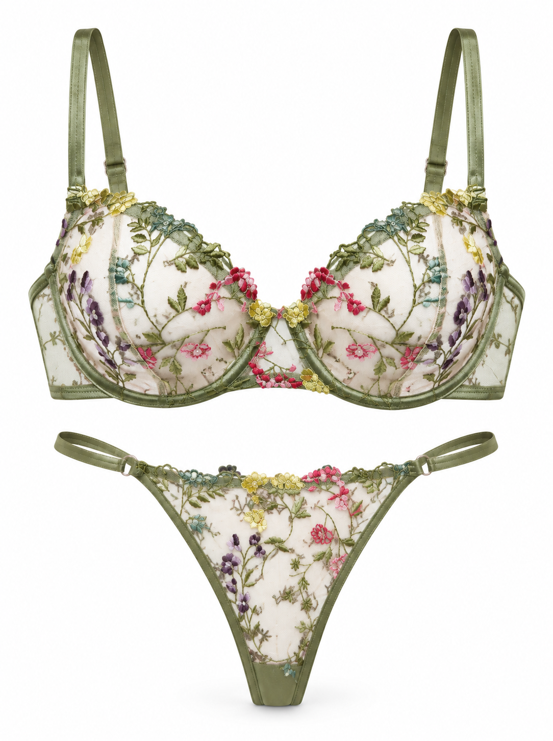 Enchanted Bloom Olive Green Embroidered Lingerie Set