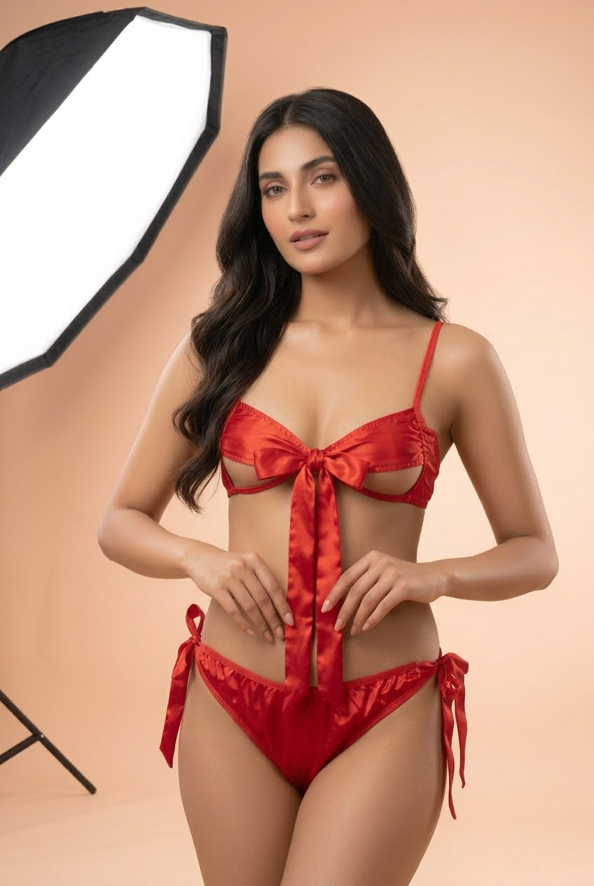 Scarlet Bow Satin Lingerie Set