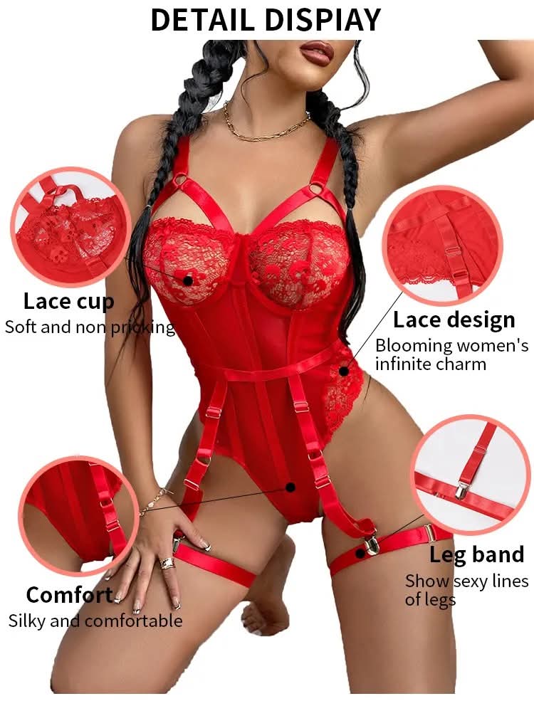 SD - Sheer Lace Corset Underwire Bodysuit with Garters