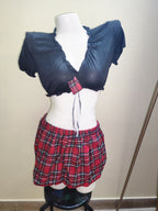 SD-Plaid Schoolgirl Lingerie Set – Tartan Mini Skirt & Ruffled Crop Top Costume