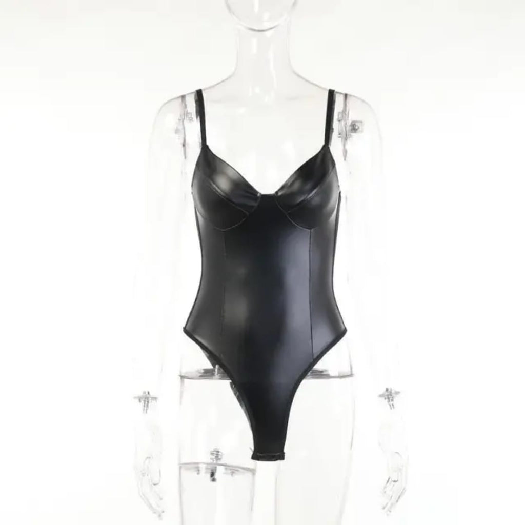 Women Sexy Wet Look PU Leather Thongs Leotard Elastic Bodysuit OnePiece Clubwear