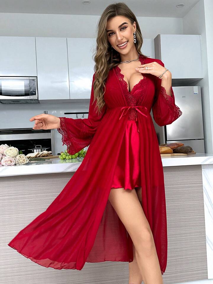 SD - Crimson Lace Bustier Slip Silk & Mesh Robe Set