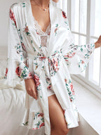 Floral Print Satin Chemise and Robe Set