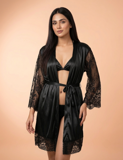 3-Piece Silk & Lace Nightwear Set