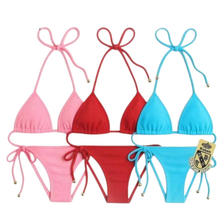 Heart-Accent Ribbed Triangle Bikini – Adjustable String Set with Gold Heart Charms