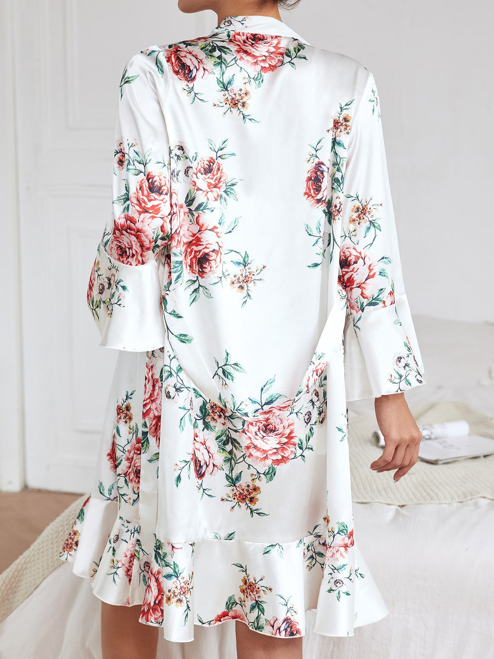 Floral Print Satin Chemise and Robe Set