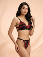 Enchanting Black & Red Floral Embroidered Lingerie Set