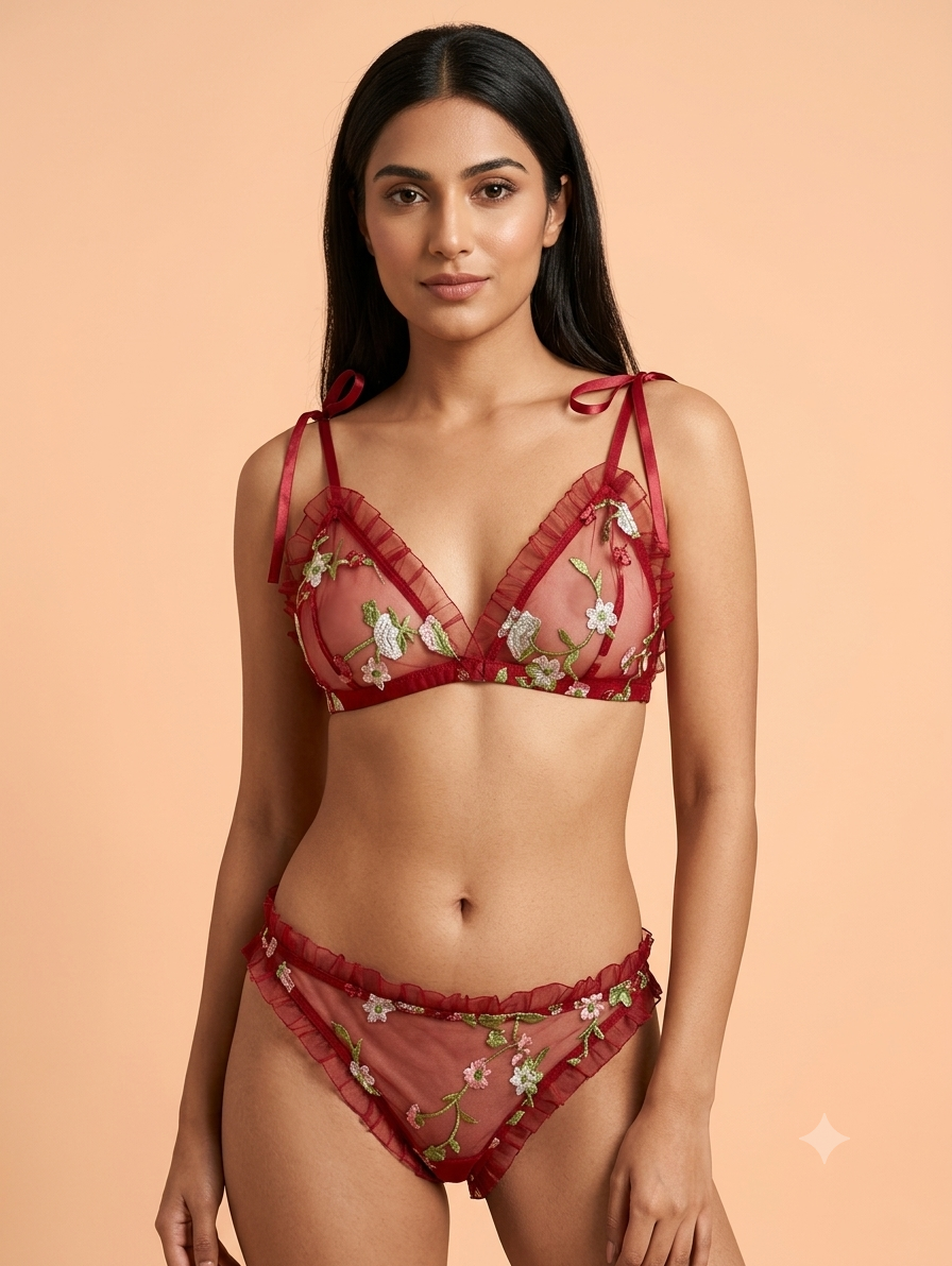 Luxurious Embroidered Mesh Lingerie Set