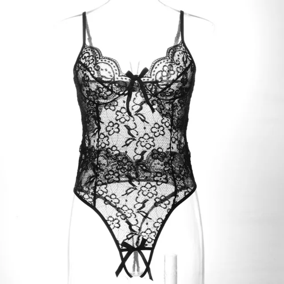 SD - Seductive Black Floral Lace Teddy Lingerie Bodysuit with Open Back & G-String Bottom