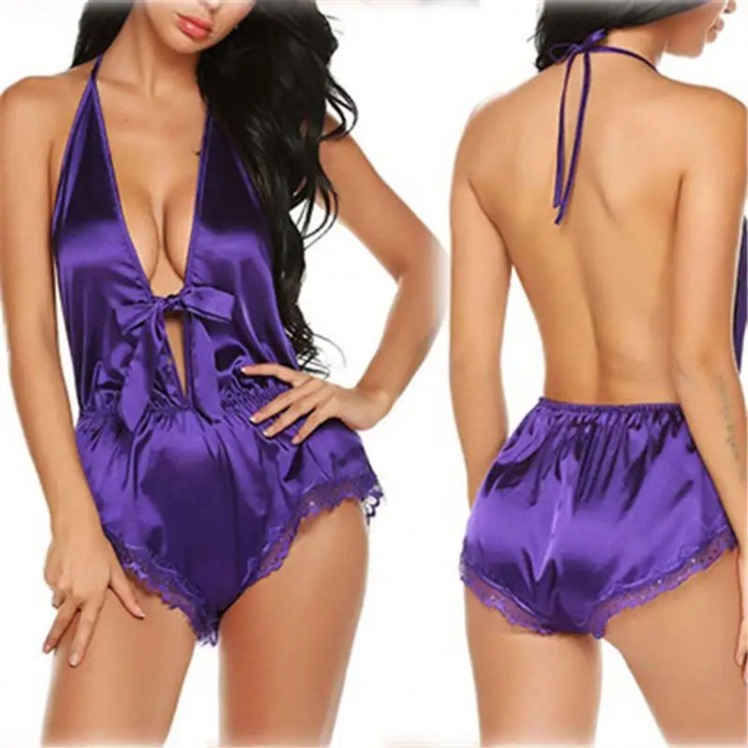Satin Lace Backless Romper