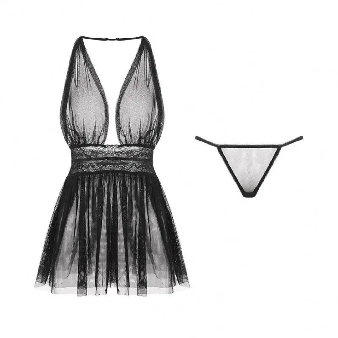 Midnight Allure Sheer Lace Babydoll Set