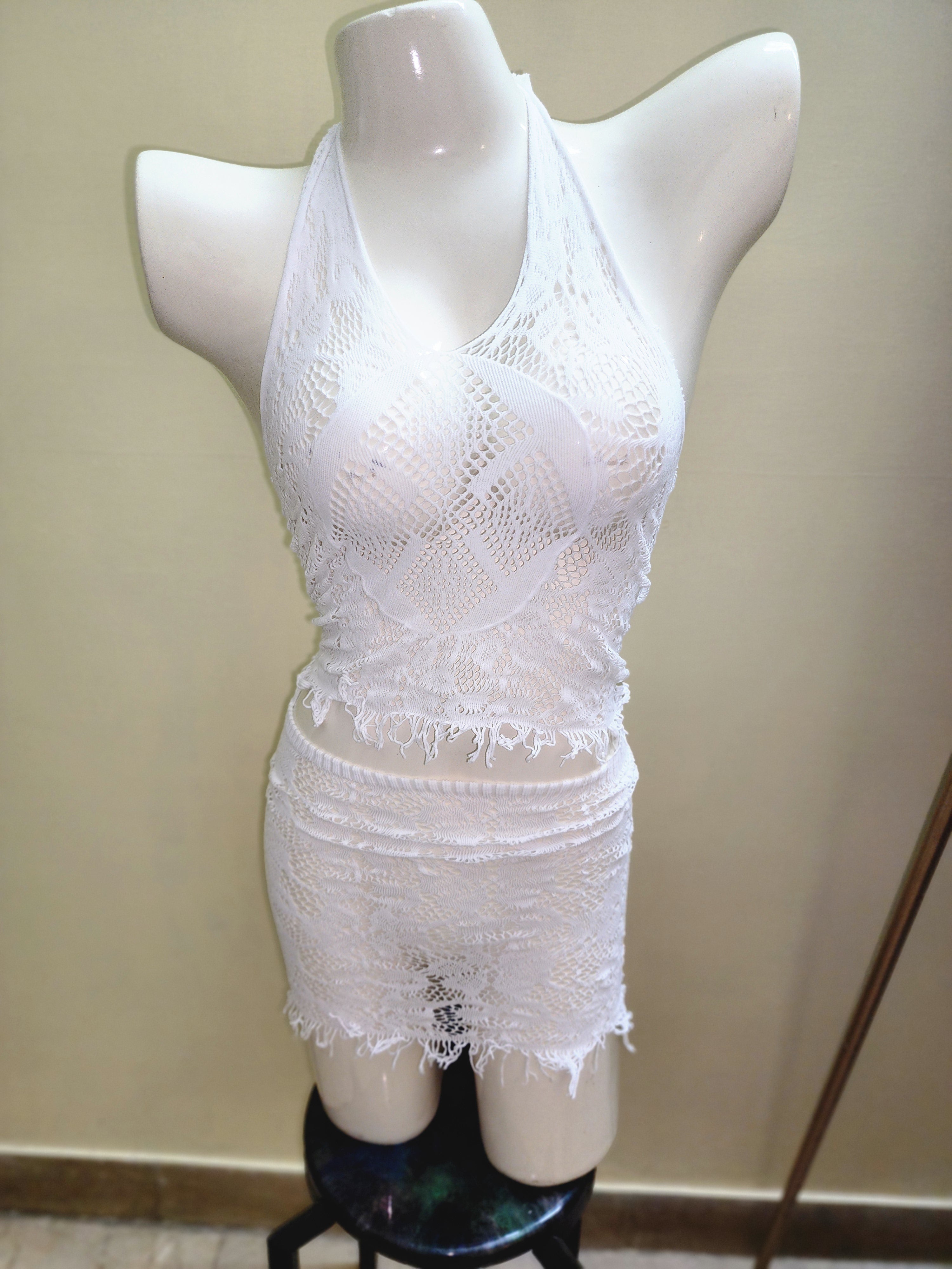 Crochet Fringe Halter Top & Mini Skirt Cover-up Set