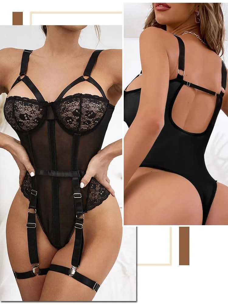 SD - Sheer Lace Corset Underwire Bodysuit with Garters