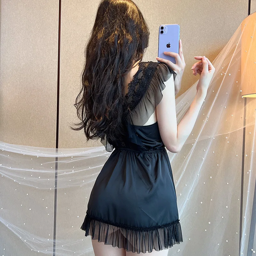 Midnight Lace & Ruffle Satin Romper Sleepwear