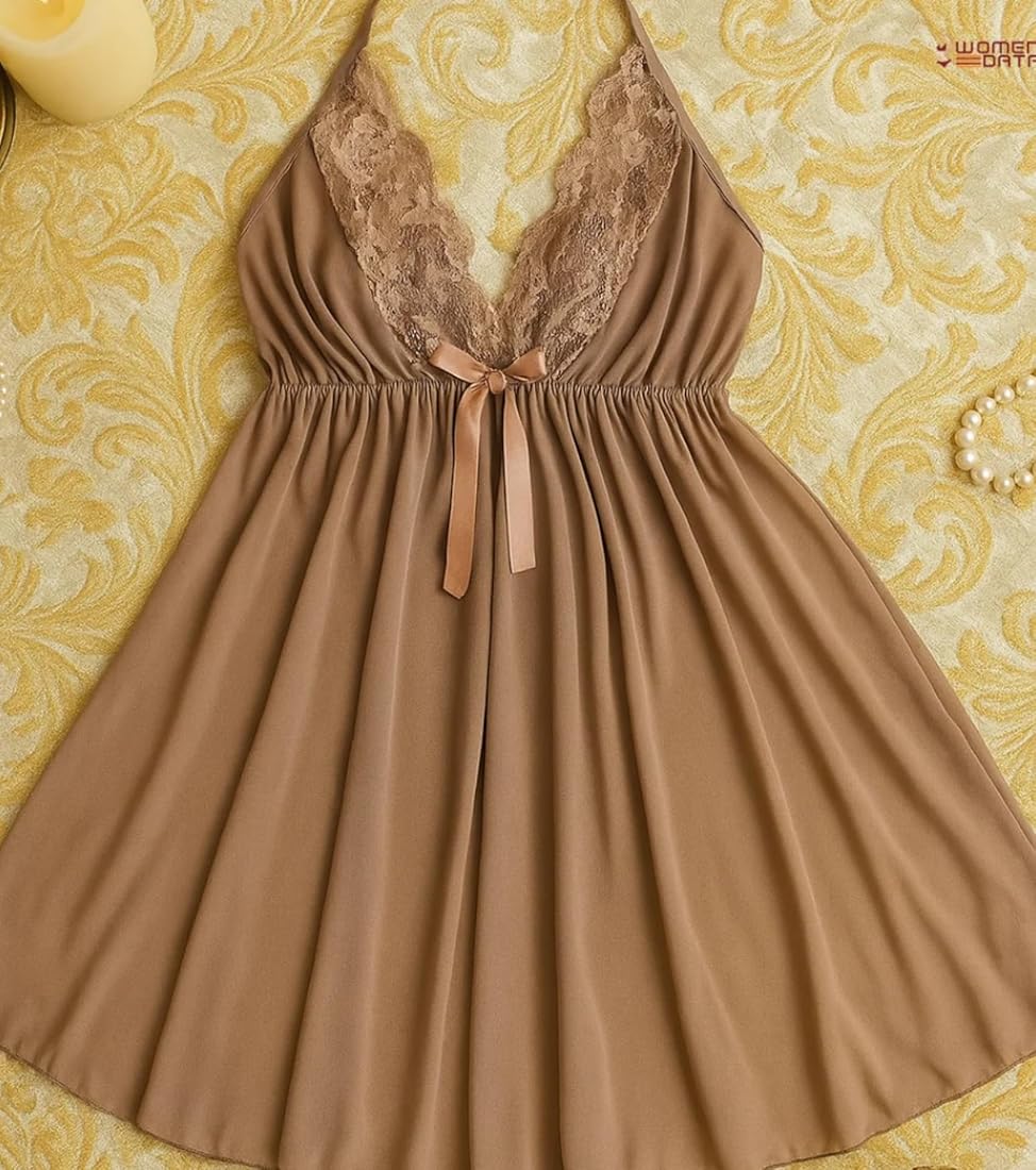 SD-Elegant Lace Sheer Mesh Halter Babydoll Chemise with Satin Bow Detail