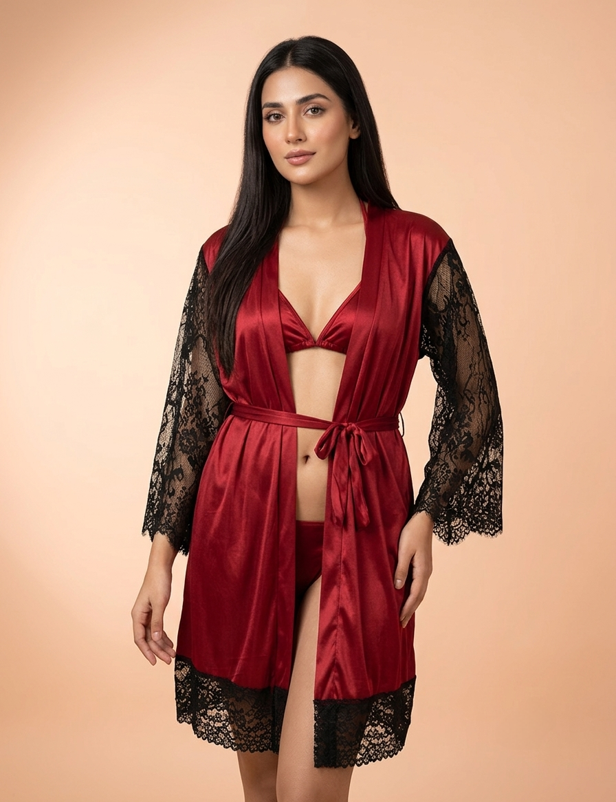 3-Piece Silk Jersey & Lace Nightwear Set