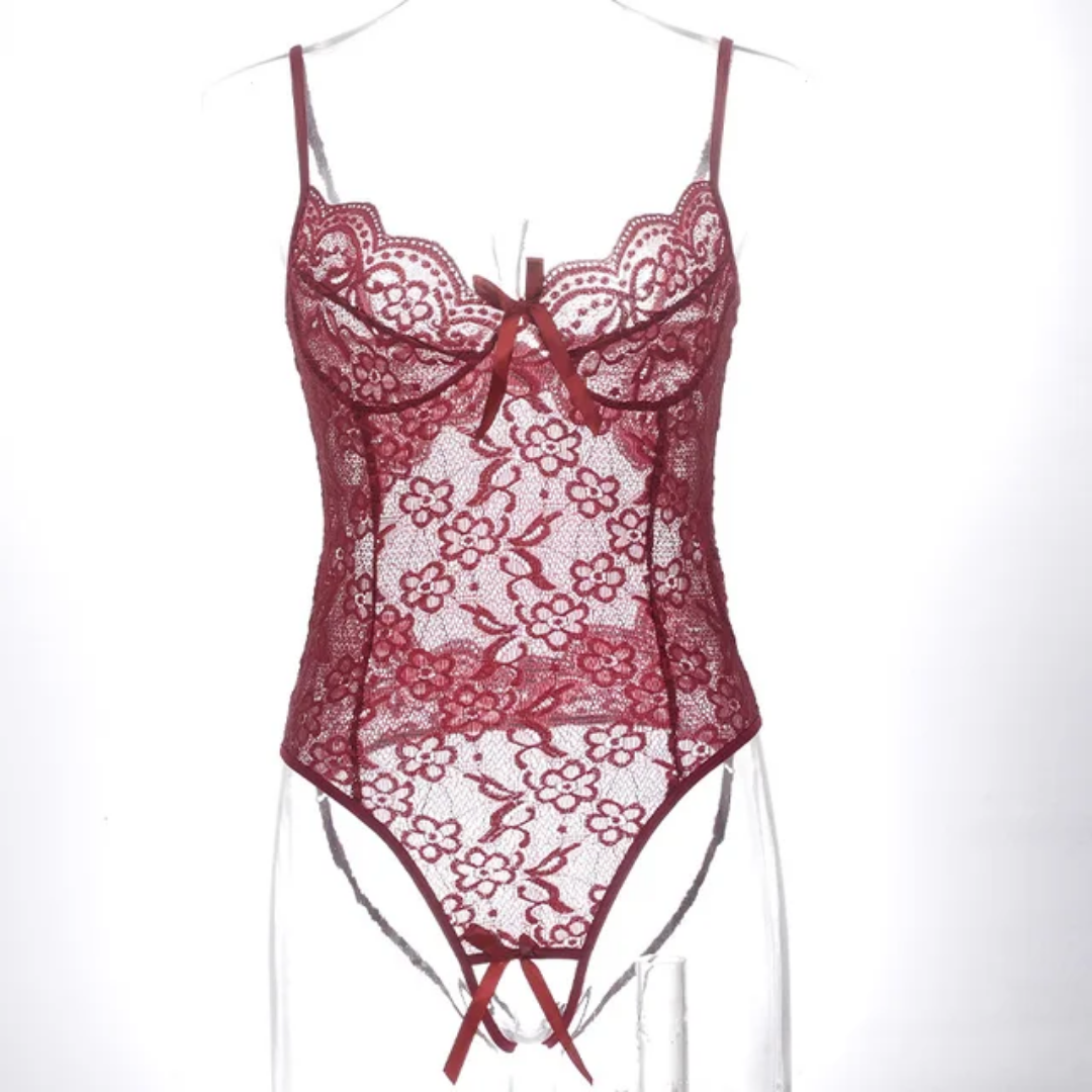 SD - Seductive Black Floral Lace Teddy Lingerie Bodysuit with Open Back & G-String Bottom