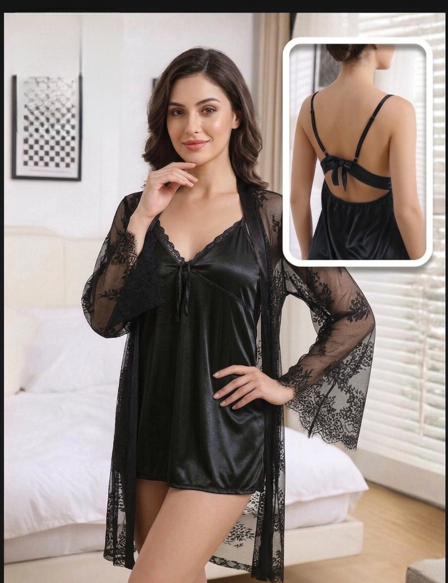SD - 3-Piece Silk Short Chemise & Eyelash Lace Ensemble Gown