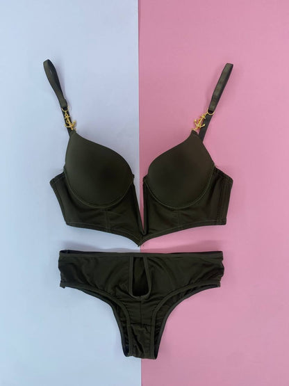 Deep V Plunge Lingerie Set with Gold Anchor Detail