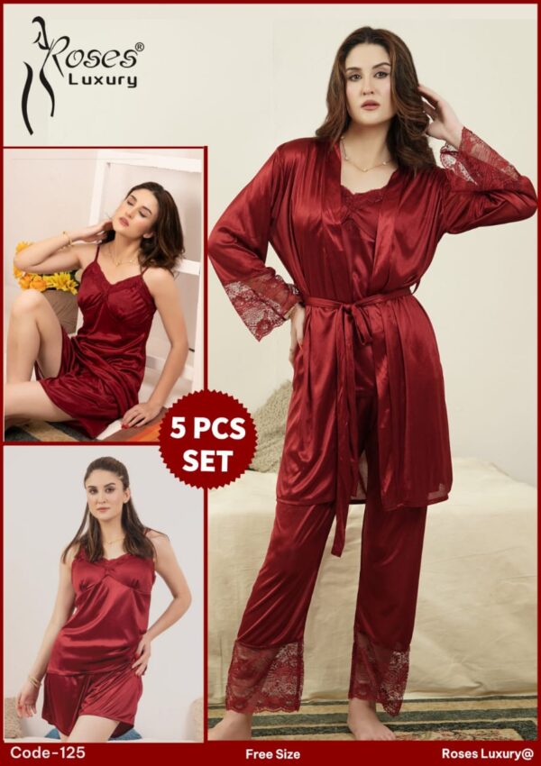 Roses Luxury 5-Piece Satin Nightwear Set - Image 2