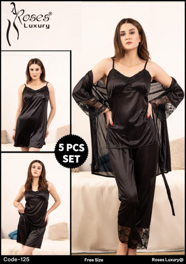 Roses Luxury 5-Piece Satin Nightwear Set - Image 4