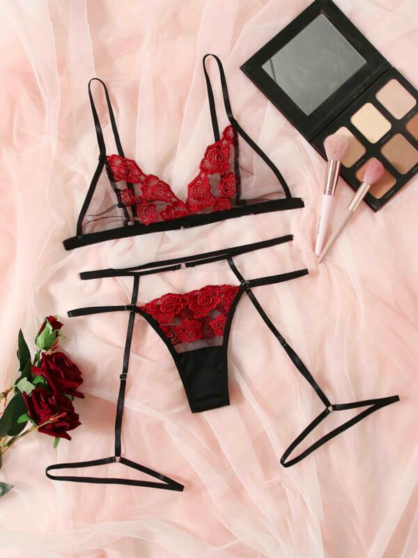 Rose Embroidery Strappy Lingerie Set