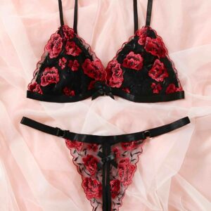 Crimson Bloom Embroidered Lingerie Set