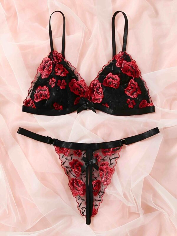 Crimson Bloom Embroidered Lingerie Set