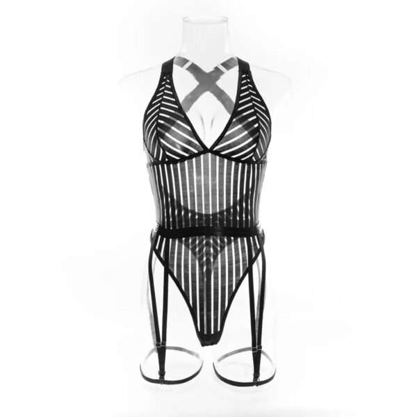 Strappy Sheer Black Bodysuit with Garter Detail – Seductive Lingerie One-Piece - Image 2