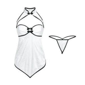 White Oriental-Inspired Halter Lingerie Set – 2-Piece