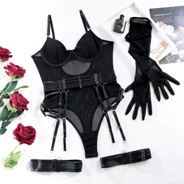 Sheer Mesh Lingerie Bodysuit Set – Burgundy & Black (4-Piece) - Image 8