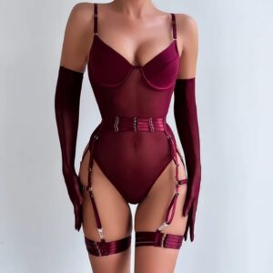 Sheer Mesh Lingerie Bodysuit Set – Burgundy & Black (4-Piece)
