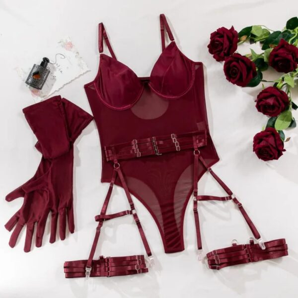 Sheer Mesh Lingerie Bodysuit Set – Burgundy & Black (4-Piece) - Image 7