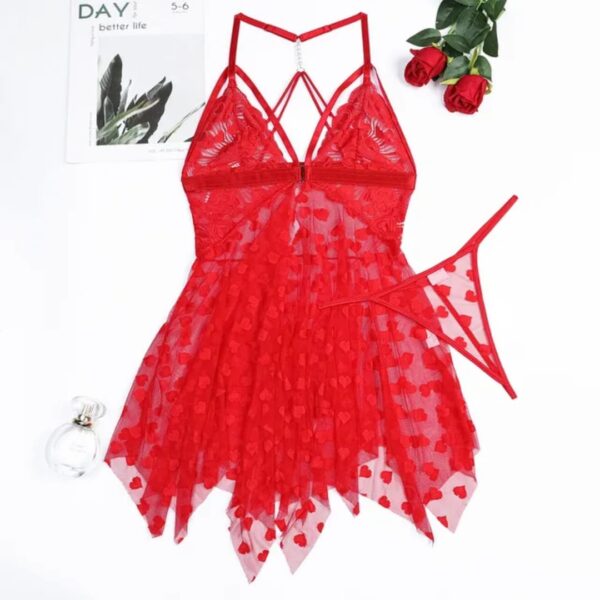 Red Lace & Heart Mesh Babydoll Lingerie Set 2-Piece - Image 5
